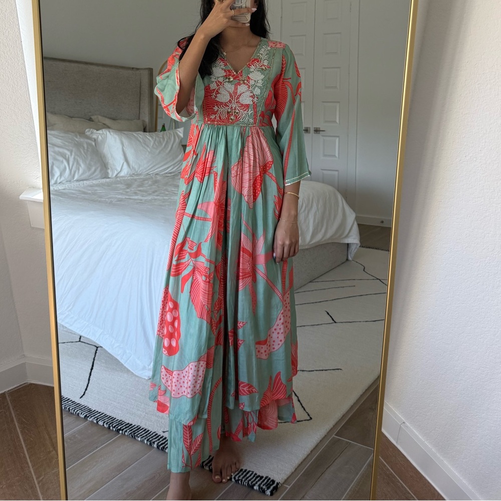 Floral Green and Orange Kurta Set